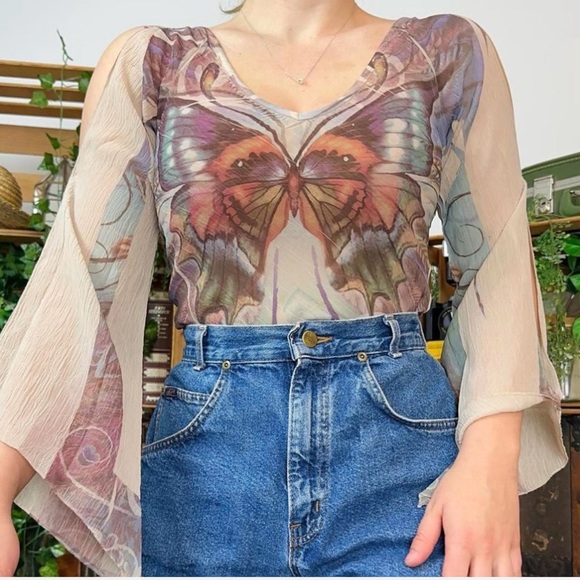 Y2K Butterfly Sleeve Semi sheer rainbow monarch blouse - Picture 3 of 3